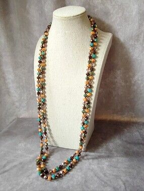 Long Glass Turquoise Brown Caramel Aurora Borealis Flash Coated Vintage Necklace